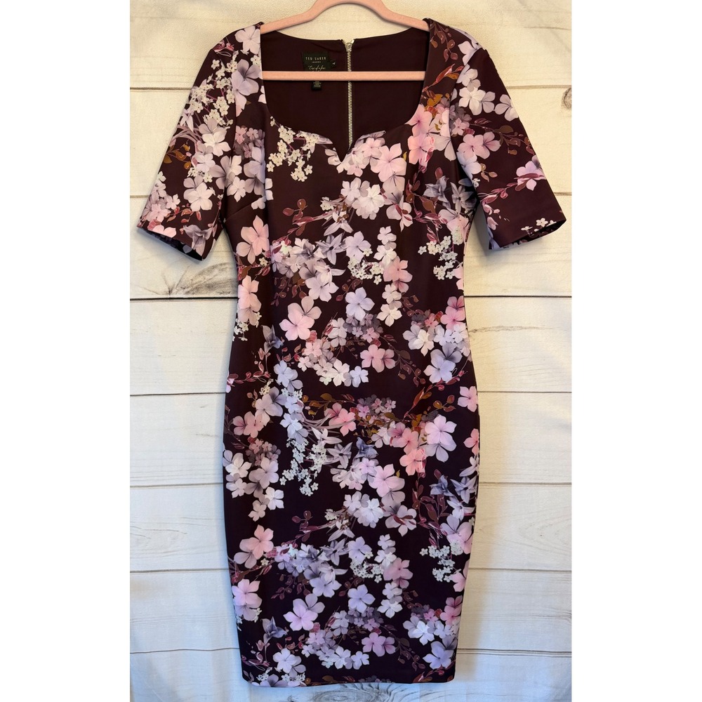 Ted Baker London WMD HEIKE Floral Sheath Dress Burgundy Plum Sweetheart Size 4